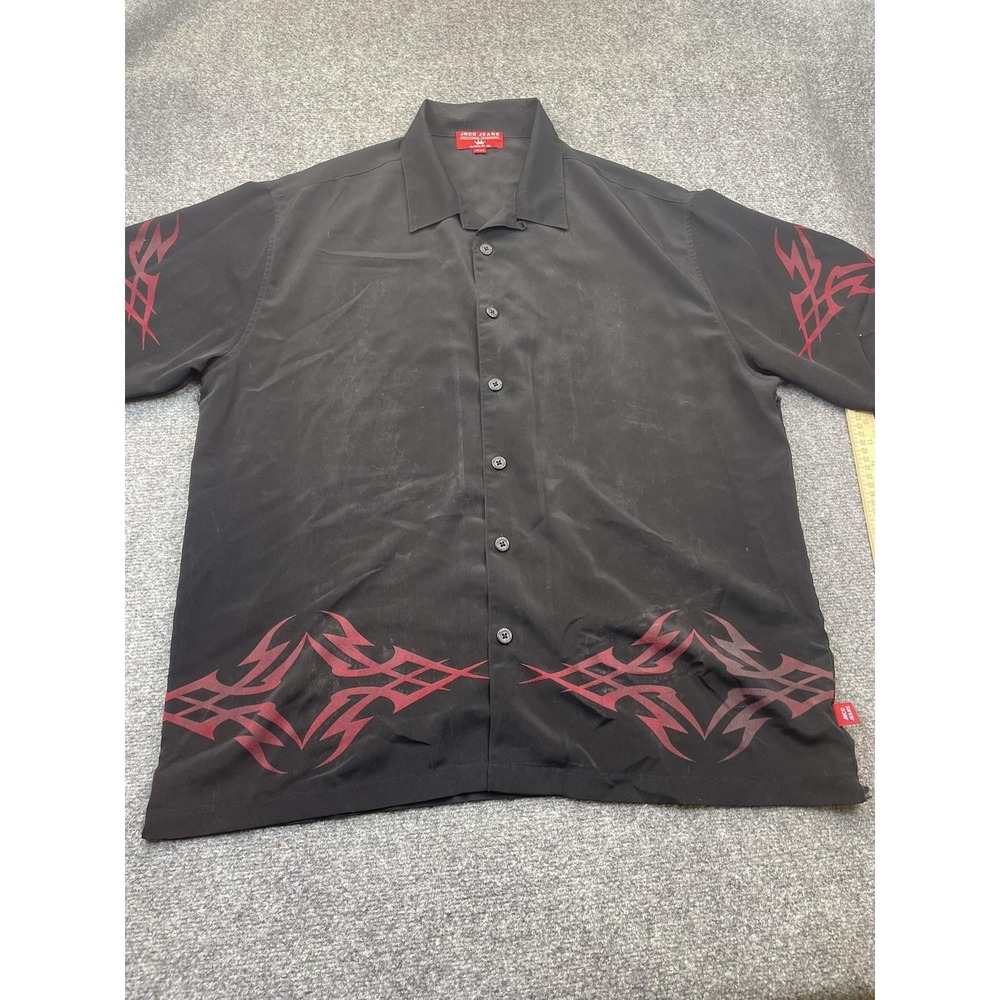 JNCO JEANS Shirt Mens 2XL Black Twill Short Sleeve Button Up Graphic Print
